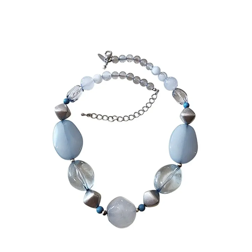 Milky Ice Blue Aquamarine Baroque Acrylic Beaded Necklace - Picture 6 of 9